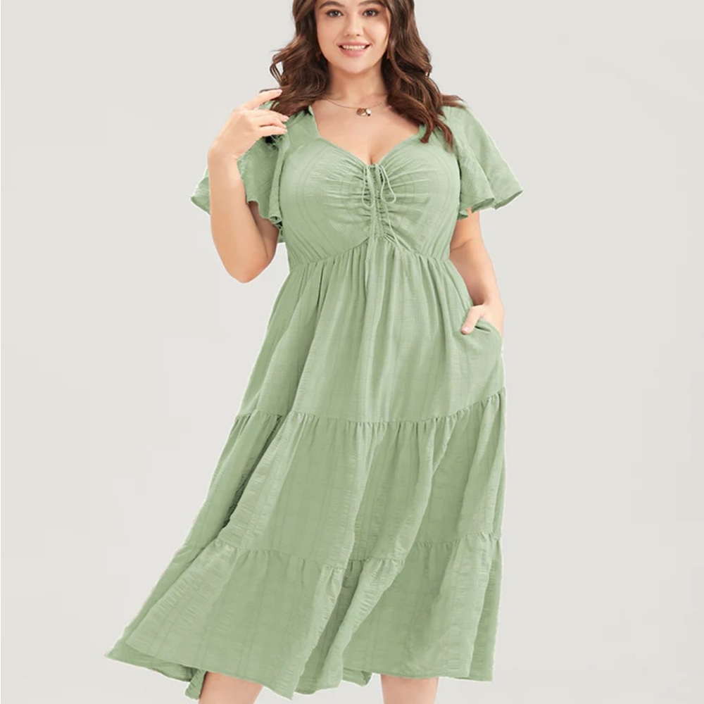 Plain Ruched Drawstring Pocket Ruffle Tiered Dress - Picture 5 of 8